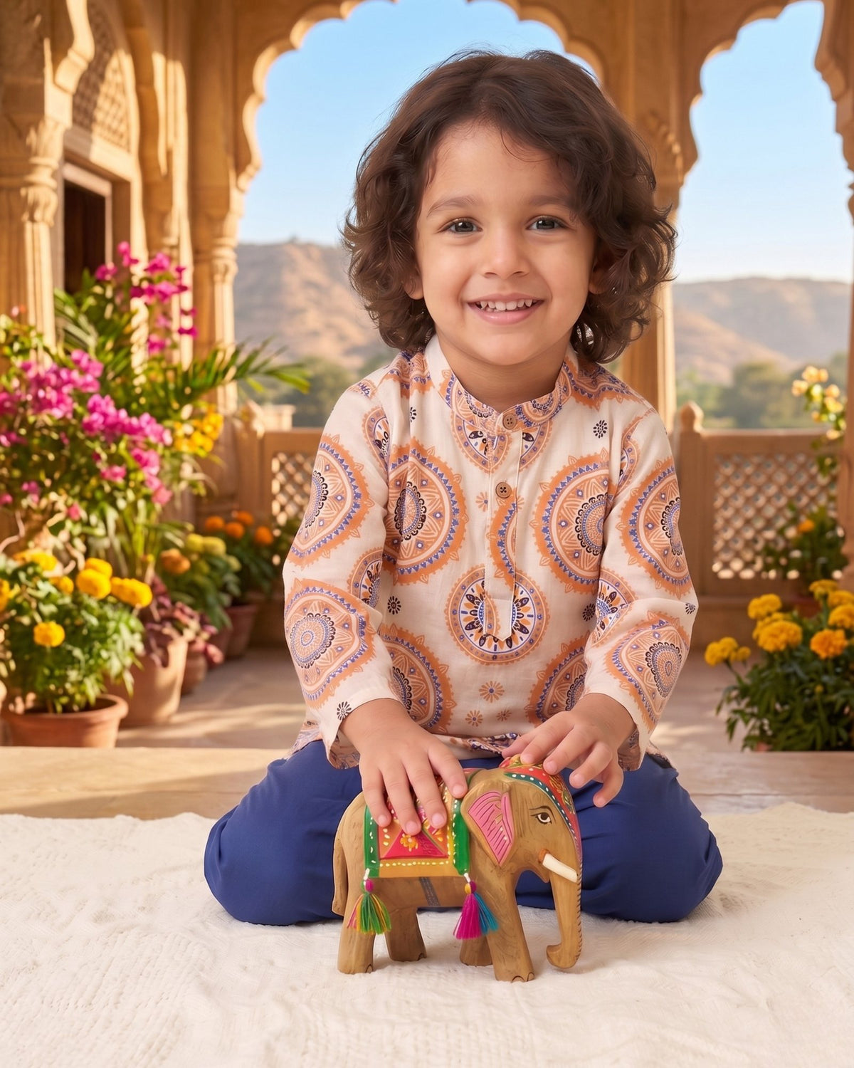 Off-White Printed Kurta & Blue Dhoti Set
