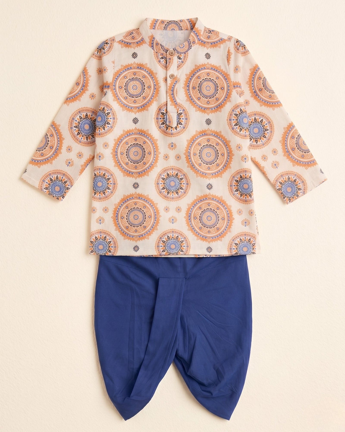 Off-White Printed Kurta & Blue Dhoti Set