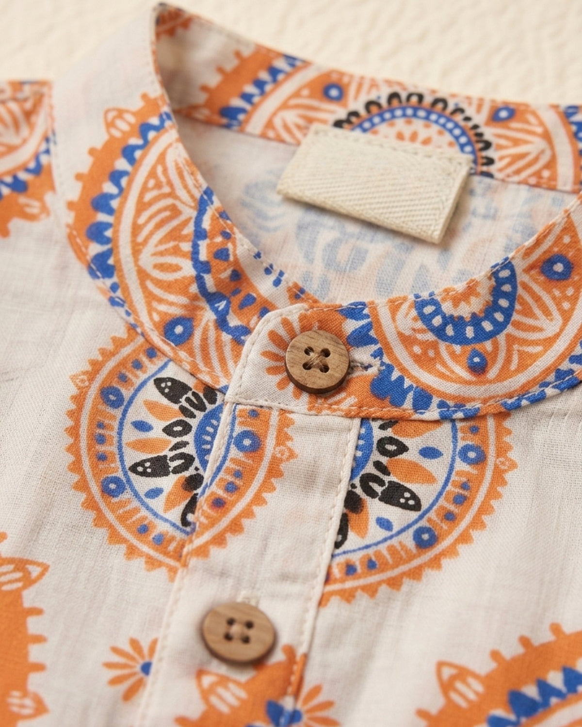 Off-White Printed Kurta & Blue Dhoti Set
